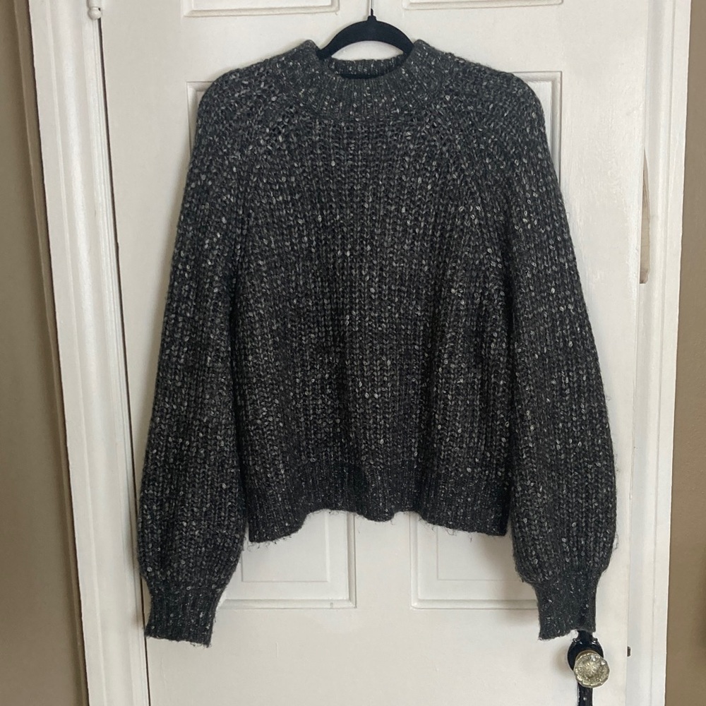 Ana bell sleeve mock neck knit sweater grey and white